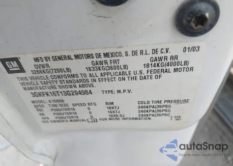 2003 GMC Yukon Xl K1500 from USA, damaged, VIN 3GKFK16T13G204984